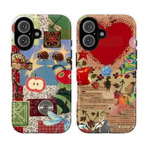 Cute Whimsical Hungry Caterpillar & Heart Collage Phone Case – Pastel Plaid Background with Strawberries, Flowers, Bread, and Whimsical Animals – Colorful Vintage Aesthetic – Fits iPhone 7 to 16 Pro Max, Samsung Galaxy S22 to S25 Plus Ultra, Cute Gift