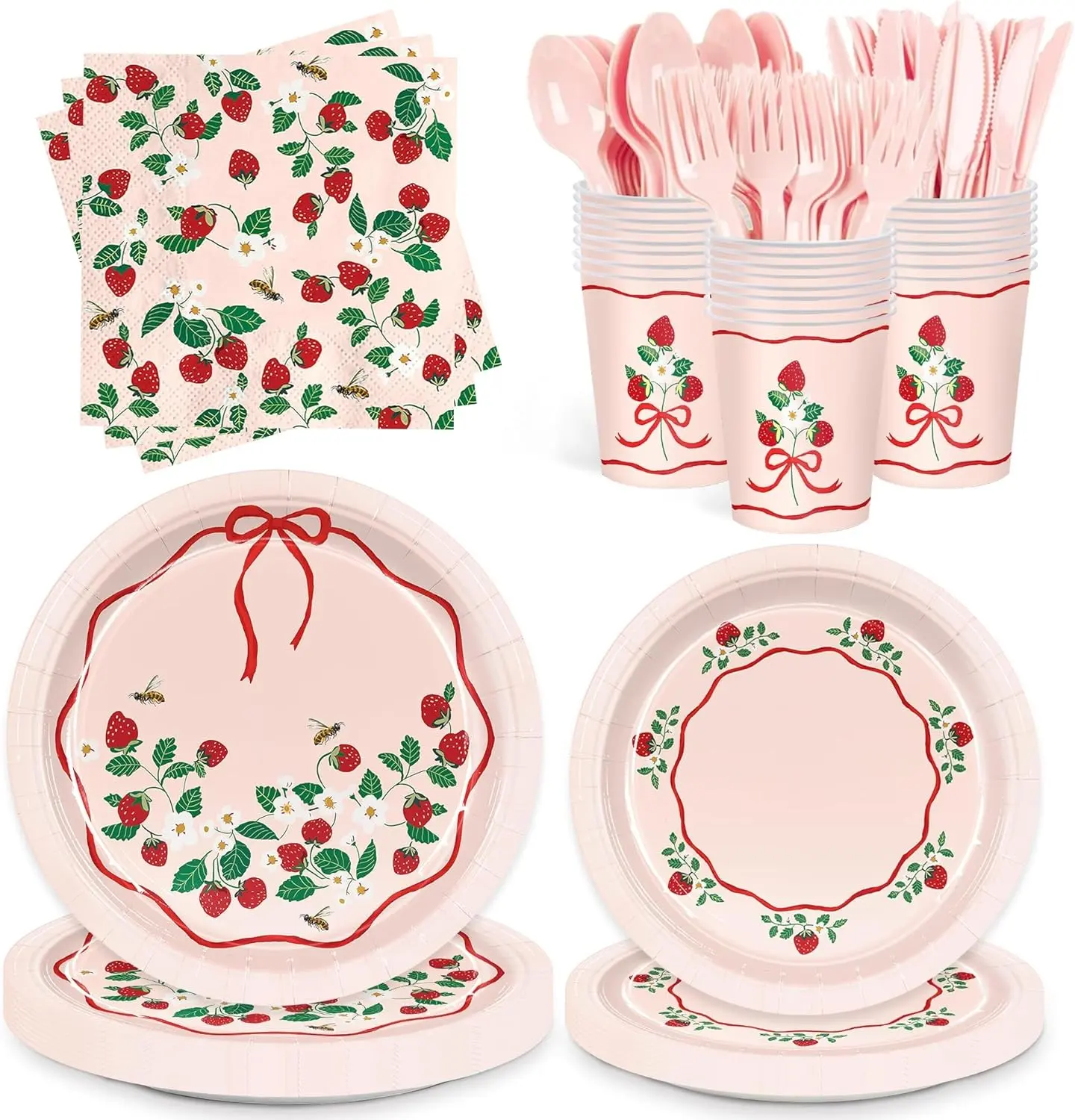 168pcs Strawberry Paper Plates Napkins Disposable Paper Cups Strawberry Tableware Set for Wedding Birthday Party Supplies Serve 24 Guests