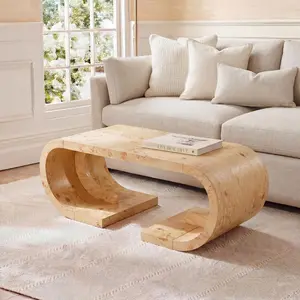 Curved Coffee Table, 47" Mid-Century C Shaped Center Table with Sturdy Curved Base, Heavy Duty for Living Room Entertainment Home Office Farmhouse Decor, Rustic Yellow Brown