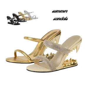 Women's Runway Fashion Open-Toe Tiger Teeth High-Heel Slip-On Sandals, Summer Footwear