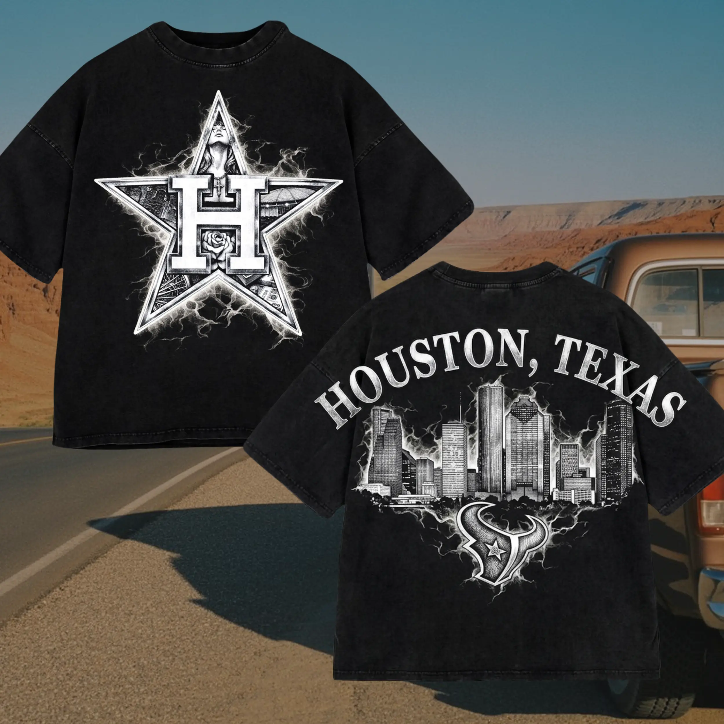 Houston Texas Graphic Tee, H-Town Representative Vintage Washed Shirt, Game Day Aesthetic Vintage Washed Tee, Electric Houston Skyline Graphic Shirt Love Sport Menswear Cotton Classic