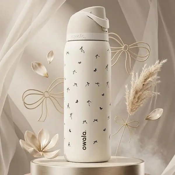 Owala FreeSip Insulated Stainless Steel Water Bottle - Elegant Cream & Tiny Bows Edition 24oz 32oz