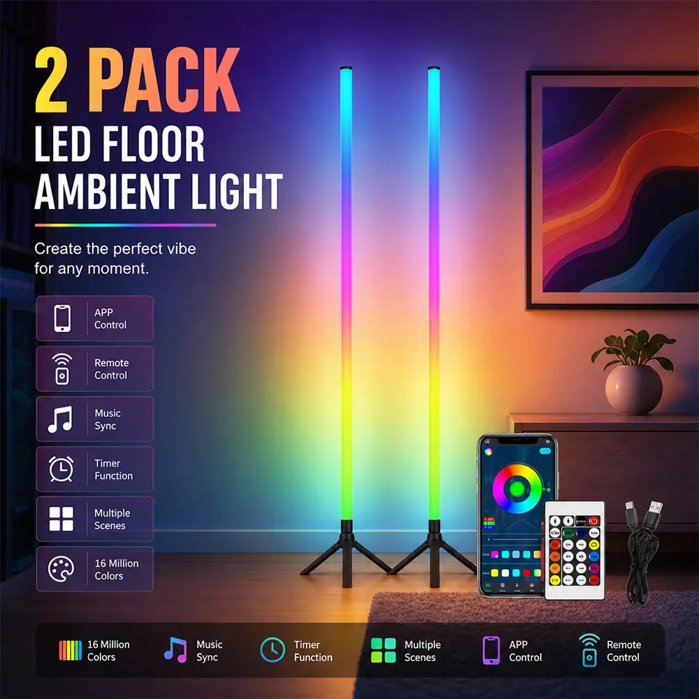 【BackToSchool】48in RGB Corner Floor Lamp, Bluetooth App & 24-Key Remote Control, Music Sync LED Ambient Light（2PCS）