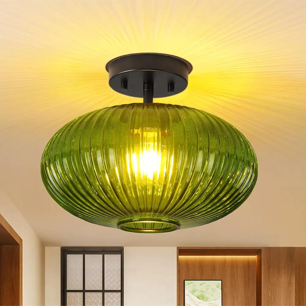 Vintage Glass Semi Flush Mount Ceiling Light, 11.8 Inch Green Glass Hallway Light fixtures Ceiling, Gold Semi Flush Mount Ceiling Light for Kitchen, Entry Way, Bedroom, Bathroom, Porch