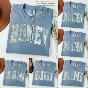 Comfort Colors Custom Faux Patchwork Mama T-Shirt, Personalized Grandma Nana Mimi Gigi Shirt, Cottagecore Aesthetic Gift for Women,  Floral Faux Patchwork Mama Tee With Bow, New Mom Pregnancy Announcement Gift - AL