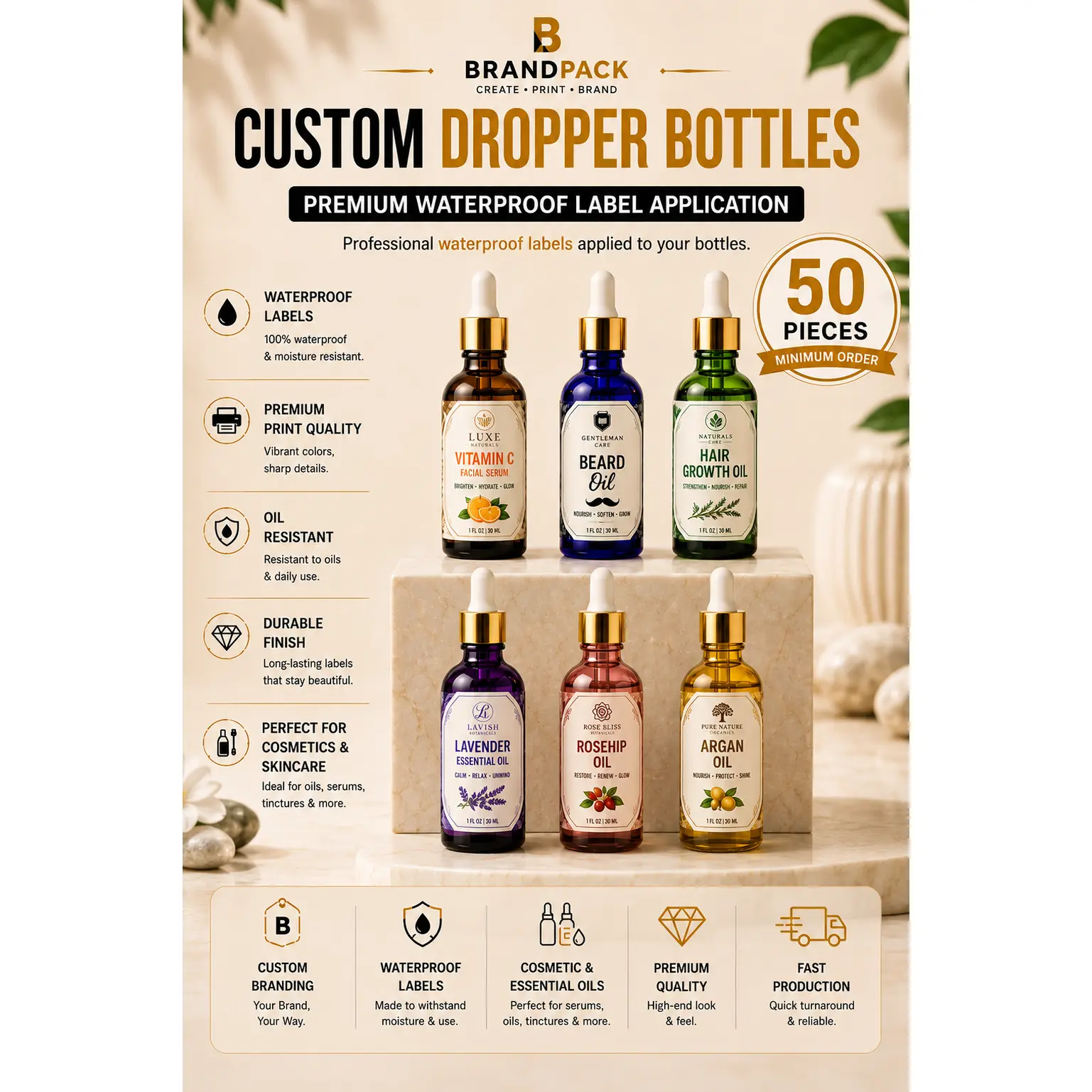 Custom Glass Dropper Bottles – Premium Waterproof Label Application - 50 Pieces