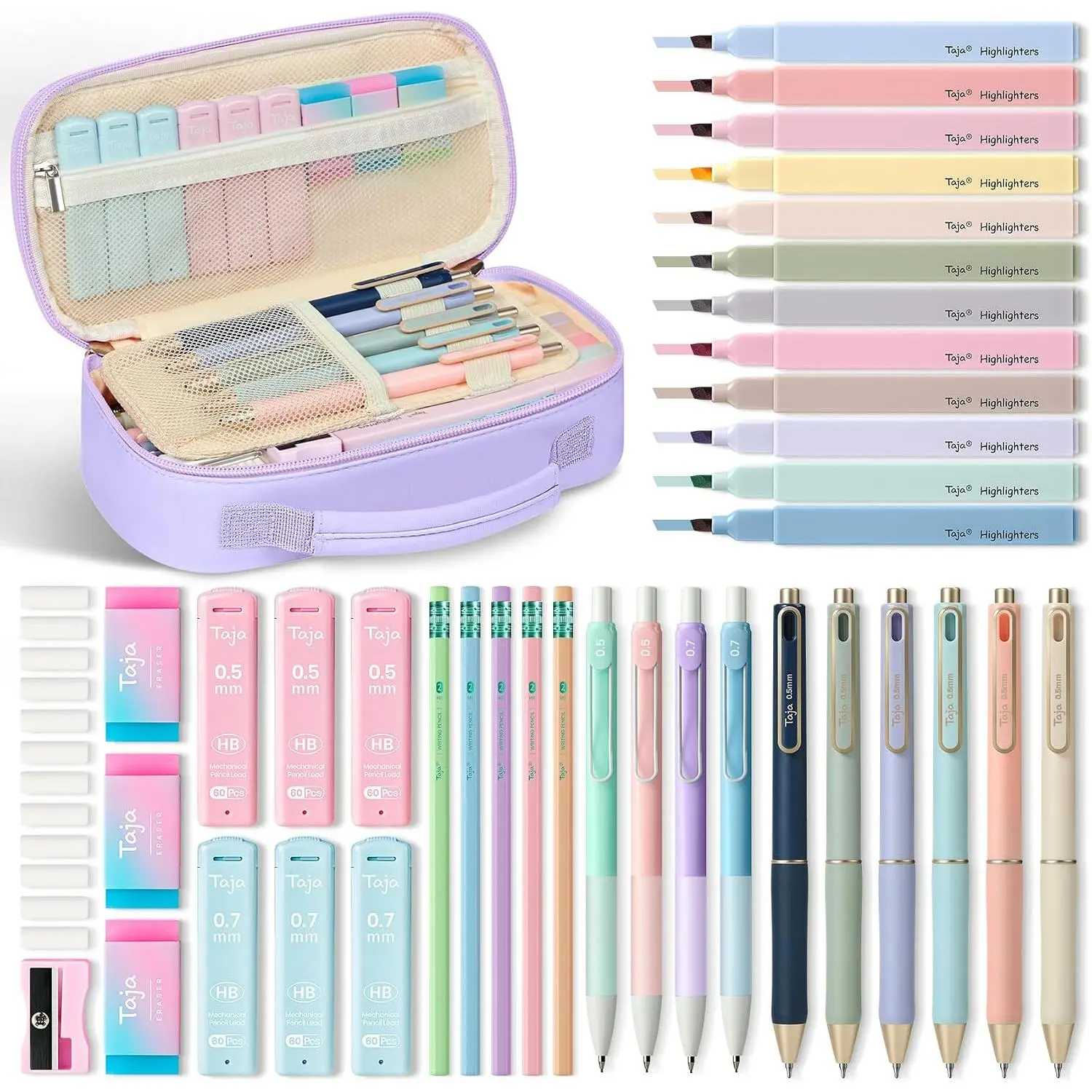 Taja 39 PCS Aesthetic Stationery Set with Cute Pencil Case, 6 Black Ink Gel Pens, 12 Pastel Highlighters, 5#2 HB Pencils, 4 Mechanical Pencils, Back to School Supplies for Students - Light Purple