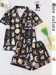 Women's Summer Pajama Set, Turtle Print Lapel Button Short Sleeve Top & Comfortable Shorts, Casual Fitted Sleepwear & Loungewear for Women