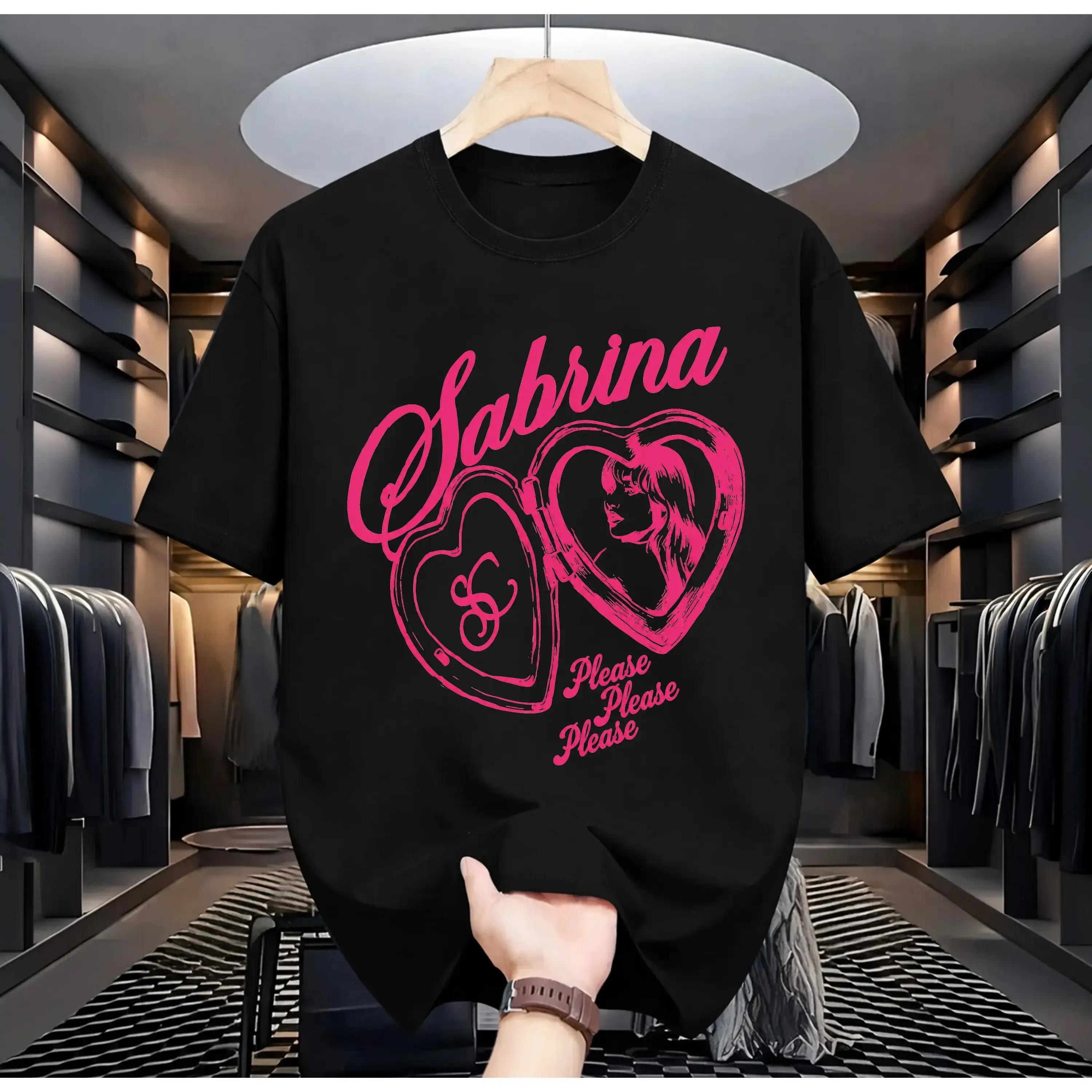 Men's Soft Cotton Round Neck Shortsleeve T-Shirt - Sabrina "Please Please Please" Pop Music Fan Merch, Print-On-Demand Custom-Made, Slim/Loose-Fit Feminine Aesthetic Streetwear Gift, All Seasons, 3XL/4XL Menswear Casual Top