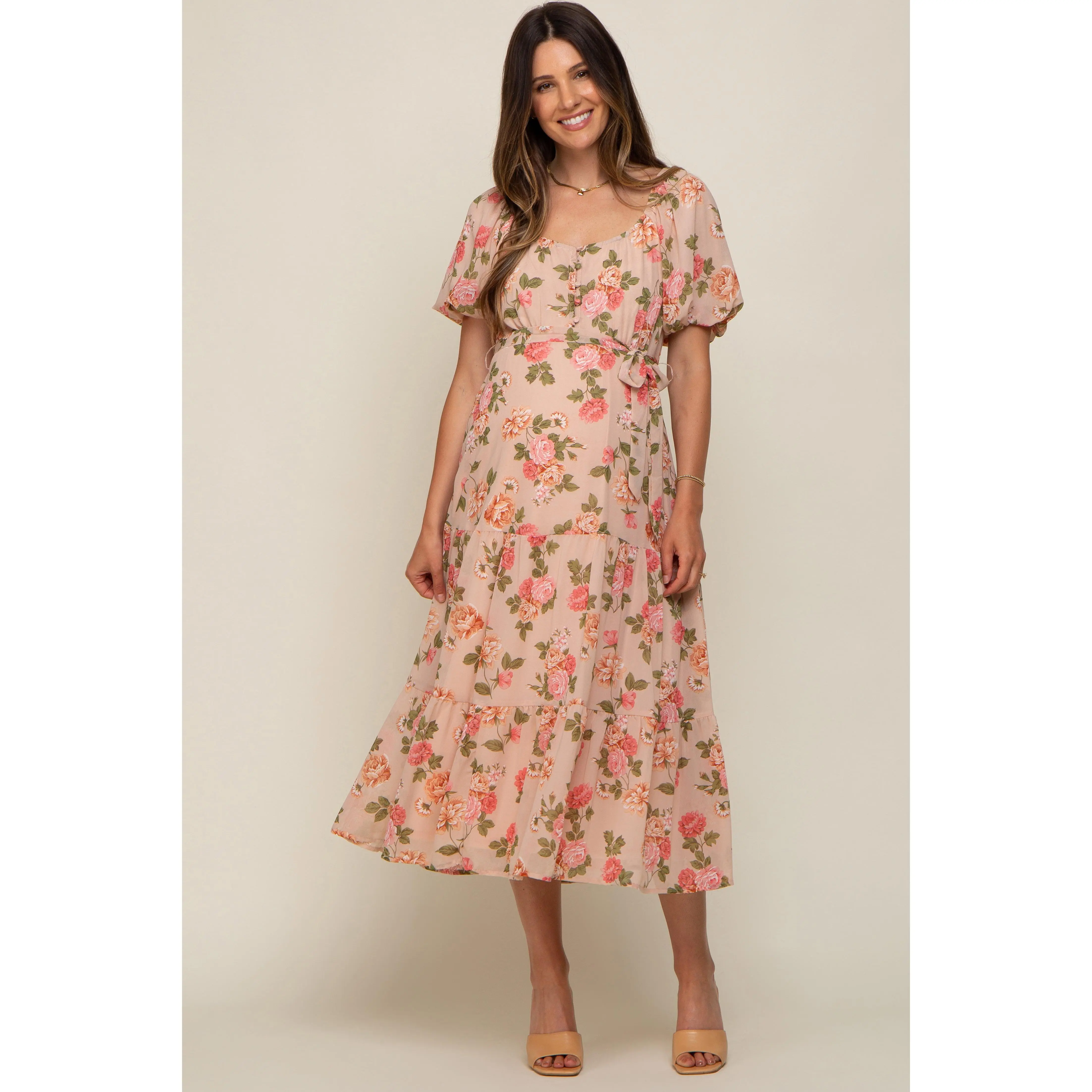 Pink Floral Button Puff Sleeve Maternity Midi Dress, Maternity Clothes, Pregnancy Outfits