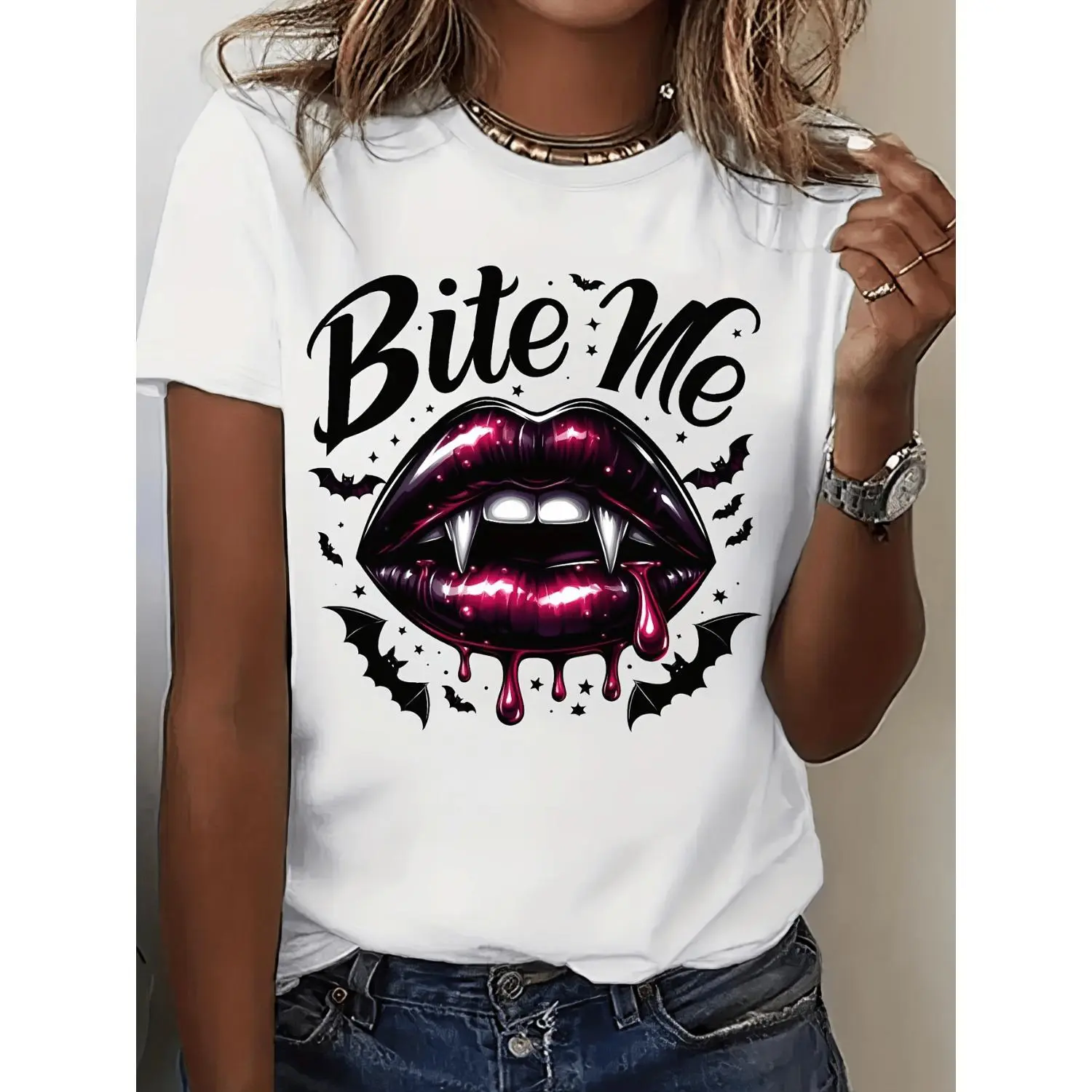 Men's Graphic T-Shirt with Gothic 'Bite Me' Vampire Lips & Bat Wing Print, Lightweight Round Neck Short Sleeve Top for Casual Wear or Costumes