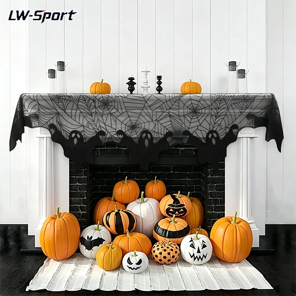 Halloween Spider Web Ghost Mantel Scarf, Black Polyester Sheer Mesh Fireplace Runner, Spooky Reusable Mantel Cover for Fireplace Door Window, Halloween Party Indoor Home Haunted House Decoration
