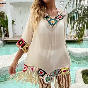 Spring and Summer Women's Beach Crochet Flower Hollow Tassel Loose Bikini Cover-Up Vacation Style Mid-Length Beach Dress - Casual, Womenswear