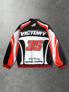 Premium Full Zip Racing Bomber Jacket with Standing Collar | Heavyweight Windproof Moto Style Outwear | Aesthetic Victory Print Streetwear Essential for Daily & Clubbing