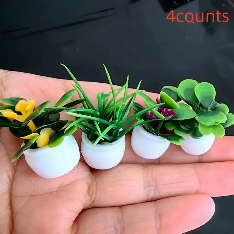 4 Mini Artificial Potted Plants, Realistic Resin Bonsai & Flowers, Artificial Flower Decorations, No Power Needed, Durable Square Planter for Dollhouse, Micro Garden Decor, Faux Indoor Plant, Faux Floral Plant, Decorative Fake Plants