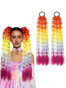2pcs 20'' Lightweight Colorful Hair Clips, Bubble Ponytail Extension with Headband, Ombre Crazy Hair Day Accessories, Festival Rave