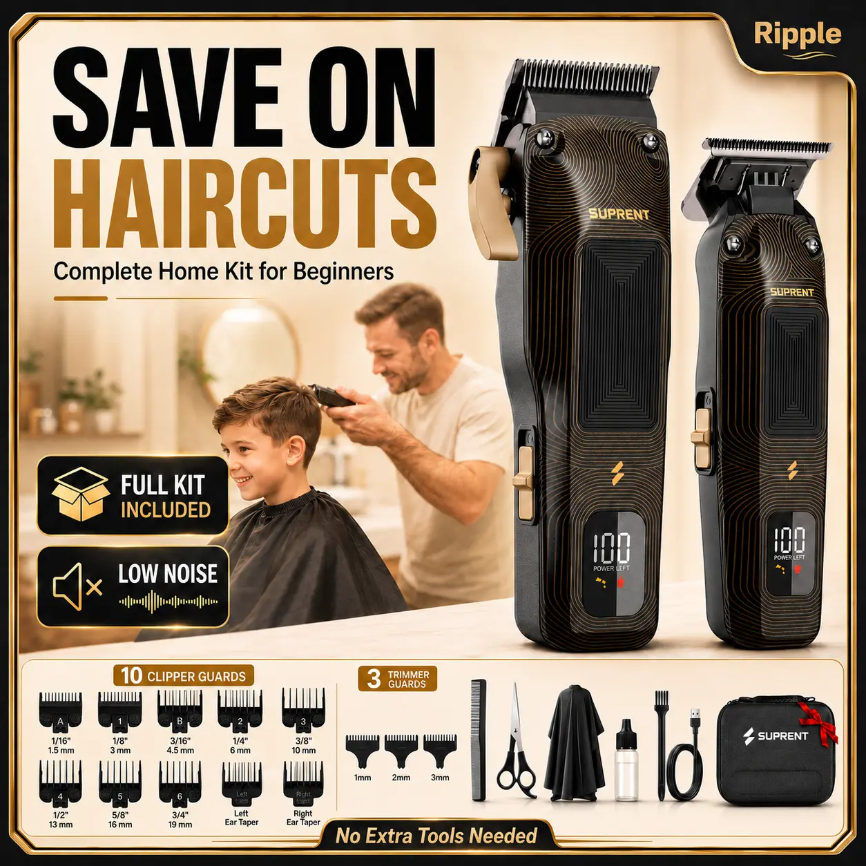 SUPRENT Professional Hair Clippers for Men, Cordless Barber Kit with 7500RPM High-Speed Motor, Zero-Gapped Adjustable Blades, Color Guide Combs & Storage Bag, Black Gold Design summerwins