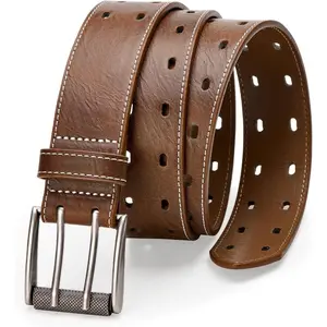 Men's Leather Fashion Double Prong Belt Classic Casual Heavy Duty Work Belts For Jeans Pants