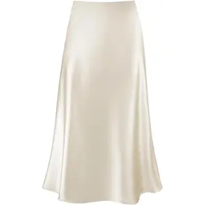 Women's Satin High Waist Hidden Elasticized Waistband Flared Casual A Line Midi SkirtGift
