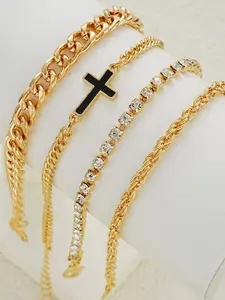 New Cross Zircon Bracelet Set, Hip Hop Fashion Simple Multi-Layer Braided Jewelry, 4-Piece Kit, Elegant Alloy Chain, All Seasons