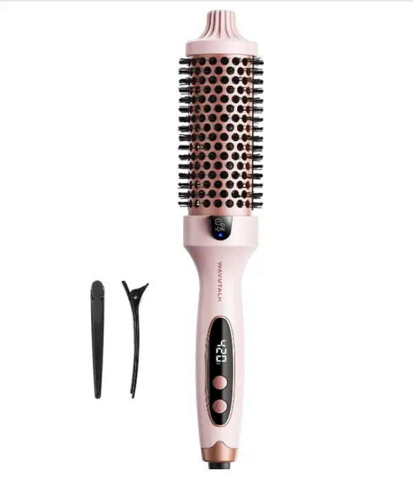 Wavytalk Thermal Brush Blowout Boost 1.5″ Heat Round Brush for Blowout Look | Negative Ion Technology, Tourmaline Ceramic, 5 Temperature Settings Dual Voltage, Less Damage, Sakura Pink
