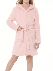 Kids Hooded Bathrobe - Solid Light Pink Plush Fleece Toddler Girls Boys Robe, Warm Flannel Sleepwear Loungewear with Pockets and Waist Belt, Perfect for Bath Shower Pool Beach Spa, Cozy Nightwear Pajamas Gift