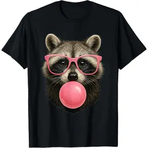 100% Premium Cotton T-Shirt Cool Raccoon Face Eating Gum and Makes A Bubble Cute Raccoon T-Shirt