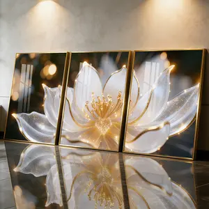3Pcs Aluminum Alloy Framed Painting, Golden Glow Lotus Flower Picture, Home Decoration For Living Room, Bedroom, OfficeWall Decor, Odorless Print Artwork, Luxury Perfect Gift For Friends And Family