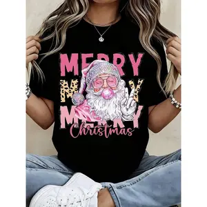 Women's Green Xmas Tee Pink Leopard Merry Santa Peace Blouse