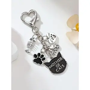 [Halloween Mother of Cats] Halloween-Themed Mother of Cats Keychain| Alloy Material, Fishbones, Hearts, Devil Cat & Paw Prints, Lobster Clasp for Bags & Cars, Ideal Gift for Cat Lovers, Durable Keychain, Cat Accessories, Bag Charm, Playful Charm