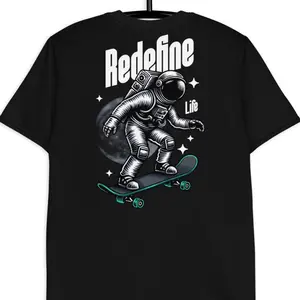 Redefine Life T-Shirt with Astronaut on Skateboard Design for Men