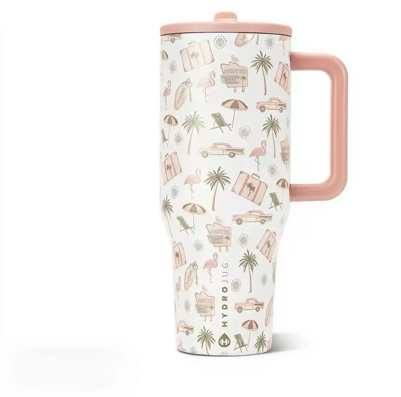 40oz Hydrojug Insulated Stainless Steel Vacuum Flask - Cute Tropical Flamingo Print Modern Tumbler with Straw, Handle, Leakproof Travel Cup for Women, Gym Hydration, Flasks, Everyday