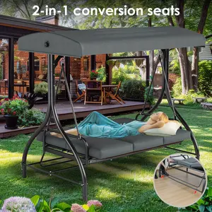 Three-Seater Outdoor Rocking Chair with Sunshade - Windproof and Rainproof Patio Bench, Removable Cushion Convertible Glider Chair, Stainless Steel Frame, Gray Fabric Cover, Suitable for Backyard, Balcony, Garden, Poolside Leisure, Outdoor Recliner