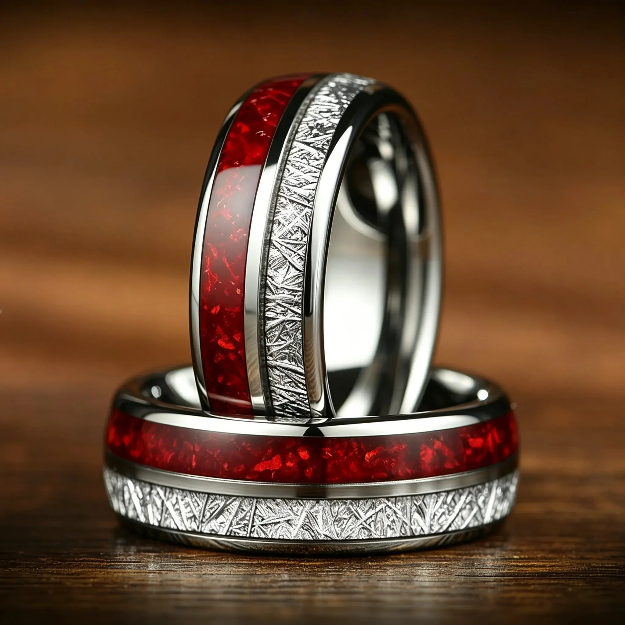 Luxury Red Opal & Meteorite Inlay Rings for Men Women, Fashion 8mm Silver Color Men Stainless Steel Rings, Wedding Band Jewelry