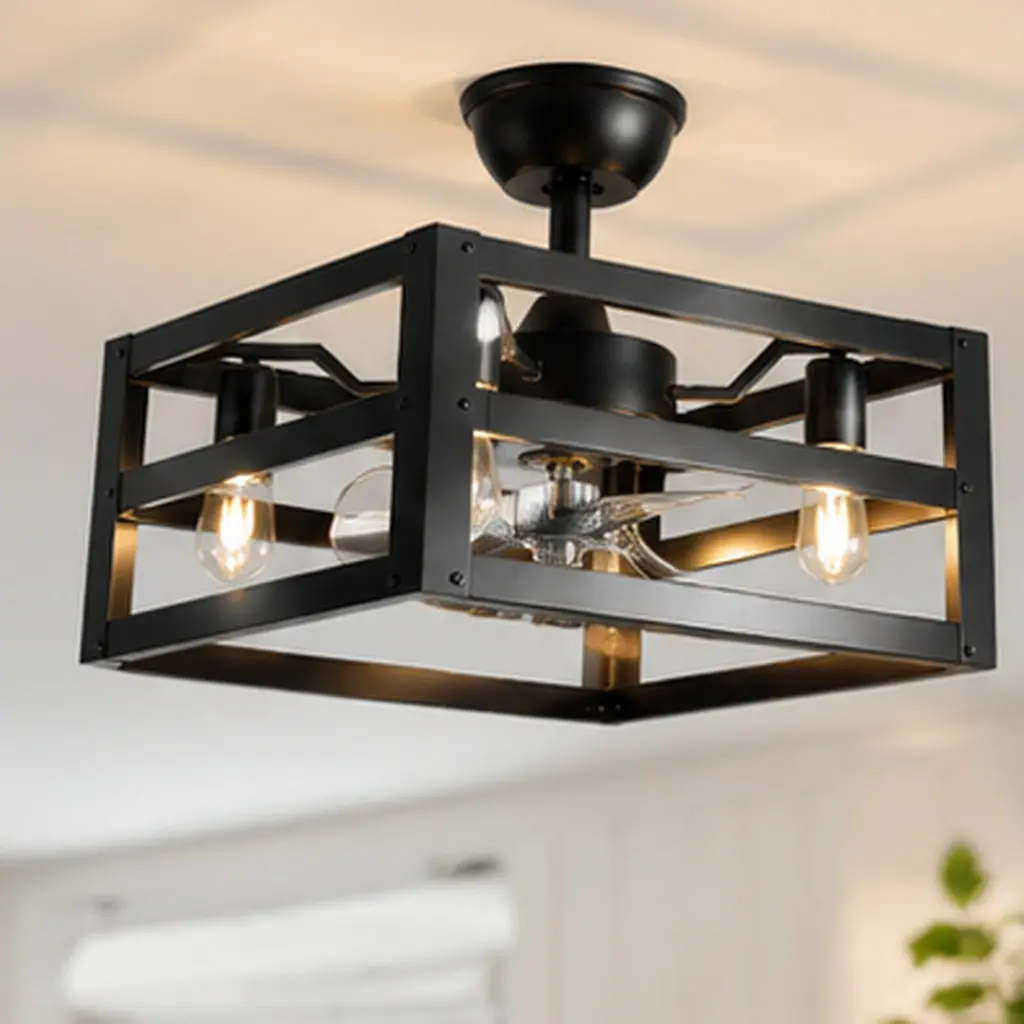 16-Inch Modern Black Square Metal Frame 4-Light Chandelier Industrial Pendant Light Fixture with Adjustable Rod for Living Room Dining Room Kitchen Hallway Entryway Foyer Bedroom, Black Color Options, Metal/PC Material, Product Dimensions: