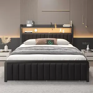 Bed Frame With Storage Headboard And LED Sensor Lights, Upholstered Headboard With Charging Station, Metal Platform Bed With Drawers, Noise-Free, Non-Slip, Black