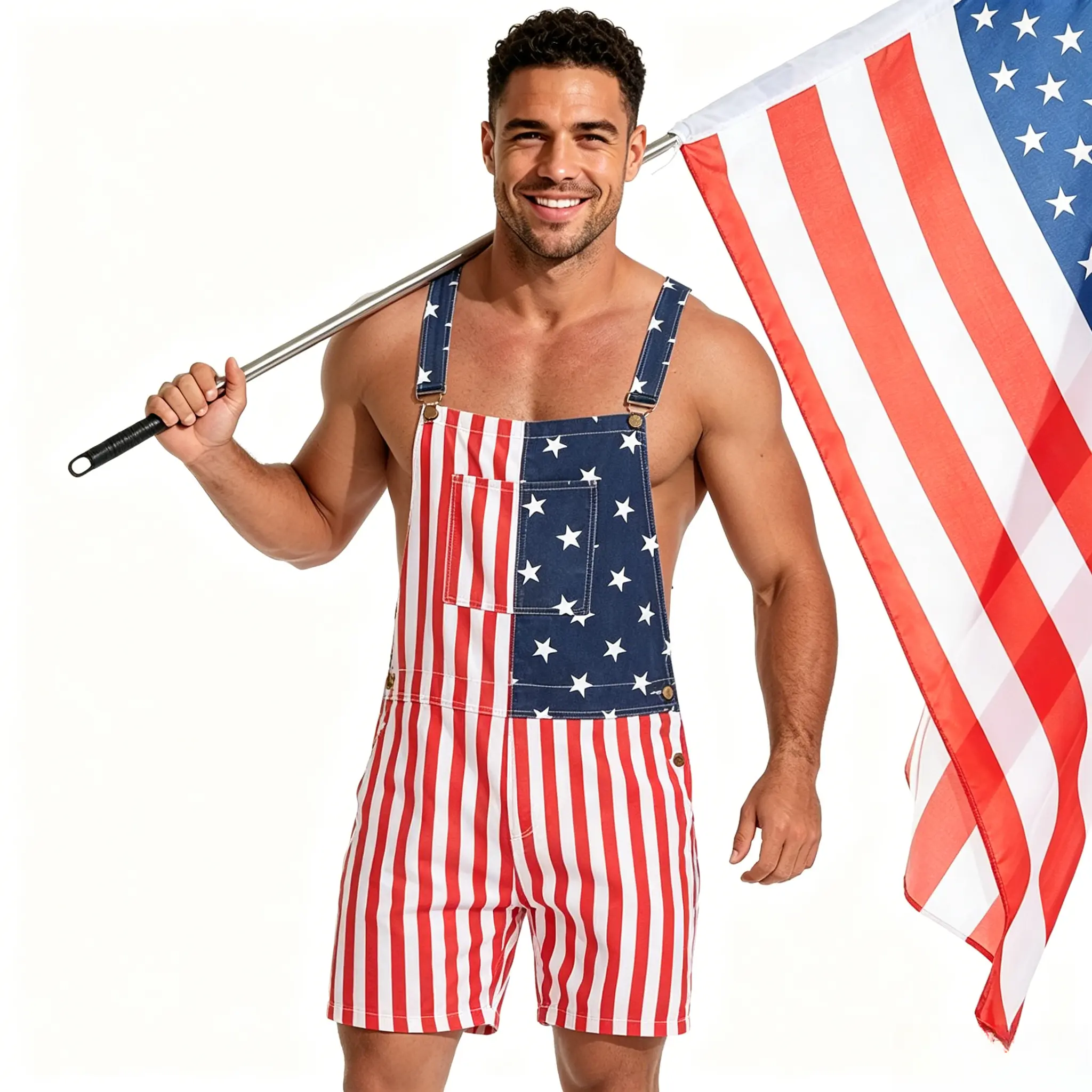 Men's Stretch American Flag Overalls Shorts Romper - Menswear, 4th of July Ready, Proud Flag, Standout 250th Look