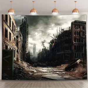 Dramatic Apocalyptic City Backdrop (1PC) - Industrial Ruins at Sunset Design, Durable Polyester Fabric, All-Season Indoor/Outdoor Use, Perfect for Weddings/Anniversaries & Event Decor