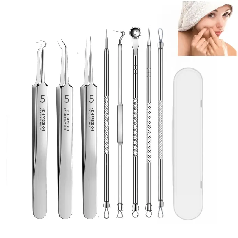 Stainless Steel Acne Needle Blackhead Removal Tool Double Head Blackhead Extractor for Skin Imperfection Facial - Set of Eight - Silver