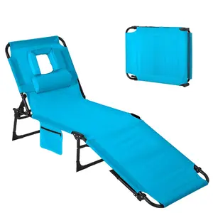 Blue Tanning Chair with Face Hole Folding Beach Lounge Chair,5-Position Adjustable Backrest, Pillow & Side Pocket,Portable Face Down Chaise Lounge for Outdoor Backyard Poolside,Beach, Patio