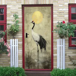 2pcs Chinese Style Red-Crowned Crane Wall Stickers Ink Painting Art Decal with Moon and Reed Pattern Removable Self-Adhesive Waterproof Vinyl Decal for Living Room Bedroom Home Decor New Year Festiva