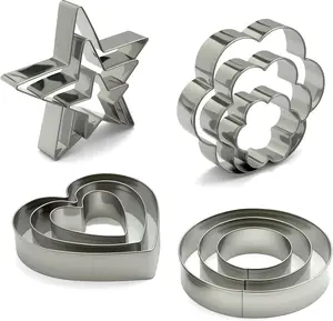 Metal Cookie Cutters Set 12 Pieces Stainless Steel Heart Star Flower Round Shapes for Cookies Crafts Fondant Clay Pastries Cheese Reusable Bakeware Utensils