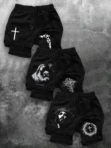 Men's Trendy Cross Thorn Print Shorts Set, Dark Aesthetic Design, Soft Summer Casual Outdoor Sports Wear, 3 Piece Pack