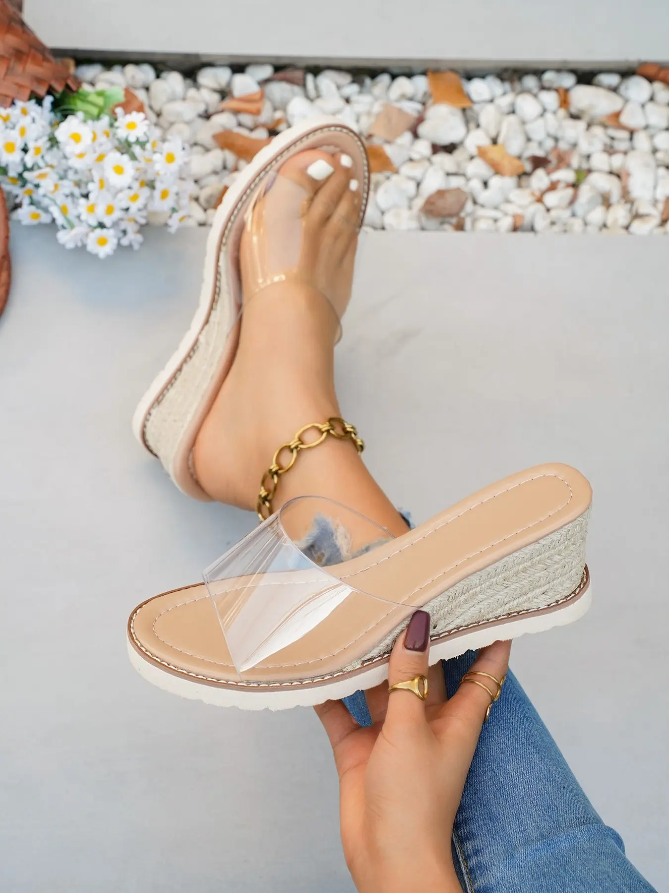 Women's Transparent Clear Straw Wedge Sandals, Slip-On Casual Summer Footwear, Thick Sole Design, Trendy Style for Daily Wear, Chic Summer Footwear, Daily Fashion Footwear