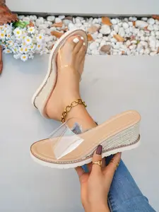 Women's Transparent Straw Wedge Sandals, Slip-On Casual Summer Footwear, Thick Sole Design, Trendy Style for Daily Wear