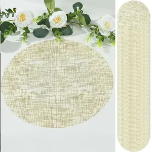 50-Pack Mesh Table Placemats 13" Round Glitter Design Metallic Gold - Polyester Disposable Dining Mats