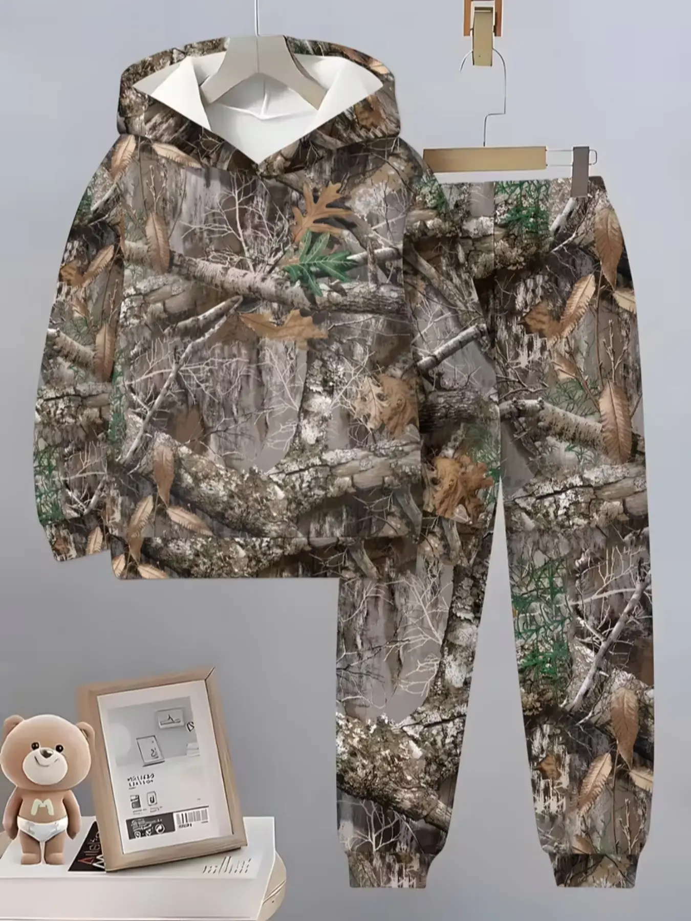 Boys' 3D Tree Pattern Hooded Sportswear Set, Sport Clothing, Top And Shorts, Sporty Design, Casual Fitted for Spring & Fall, Comfortable Soft Sweatshirt and Shorts, Kids Clothing