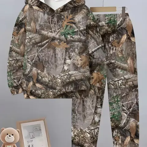 Boys' 3D Tree Pattern Hooded Sportswear Set, Sport Clothing, Top And Shorts, Sporty Design, Casual Fitted for Spring & Fall, Comfortable Soft Sweatshirt and Shorts, Kids Clothing, Clothes Kids