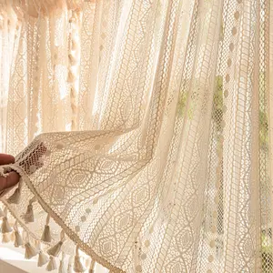 Boho Lace Kitchen Curtain Accessory, Short Rod Pocket Curtains for Kitchen Bathroom Bedroom, Home Decorative Window Treatments, Tassel Decor Curtain