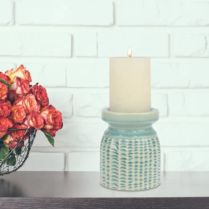 Decorative Textured Pale Ocean Ceramic Pillar Candle Holder, Coastal Home Decor Accents, Beach Inspired Design for the Living Room, Bathroom, or Bedroom of your Seaside Cottage Decor